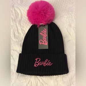 NWT BLACK AND HOT PINK BARBIE KNITTED CAP WITH FLUFFY BALL